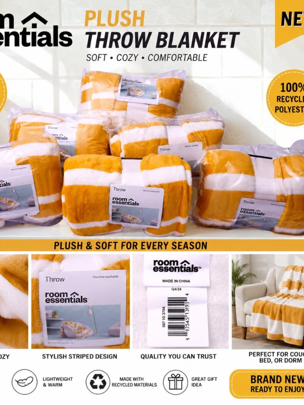 Room Essentials Throw Blanket Yellow White Stripe 50x60 Plush Soft